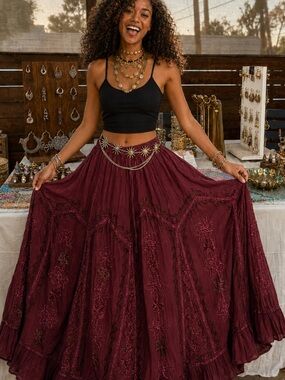 Bohemian Embroidered Maxi Skirt - Burgundy